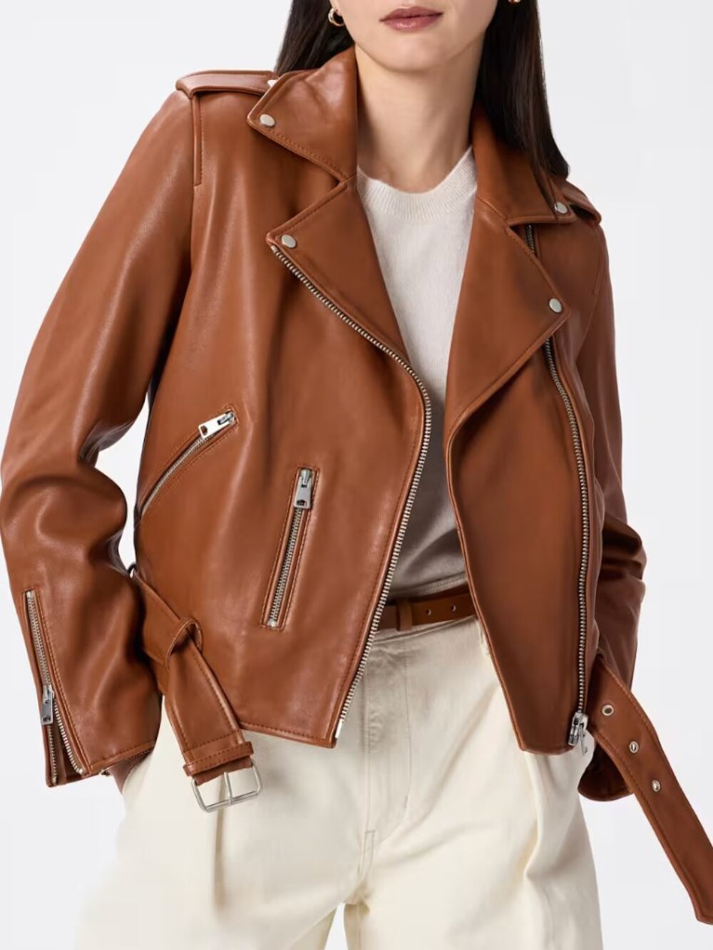 Quince Cognac Leather Motorcycle Jacket - Size Small